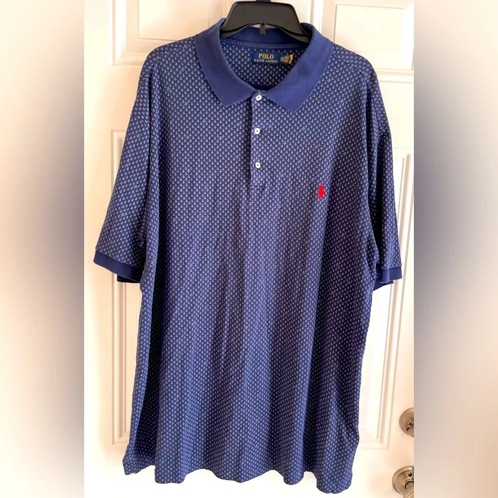 Polo Ralph Lauren Shirt Men Polo 2XLT Blue Anchor Allover Print Nautical Preppy‎
